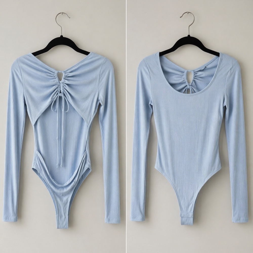 Wild Fable Light Blue Ribbed Bodysuit S | Ruched Back Tie Detail | Long Sleeve